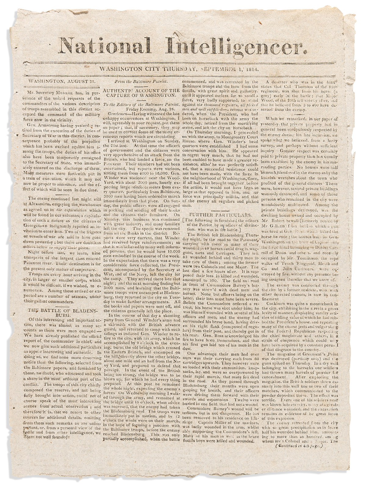 (WAR OF 1812.) Issue of the National Intelligencer describing the British invasion of Washington and its aftermath.